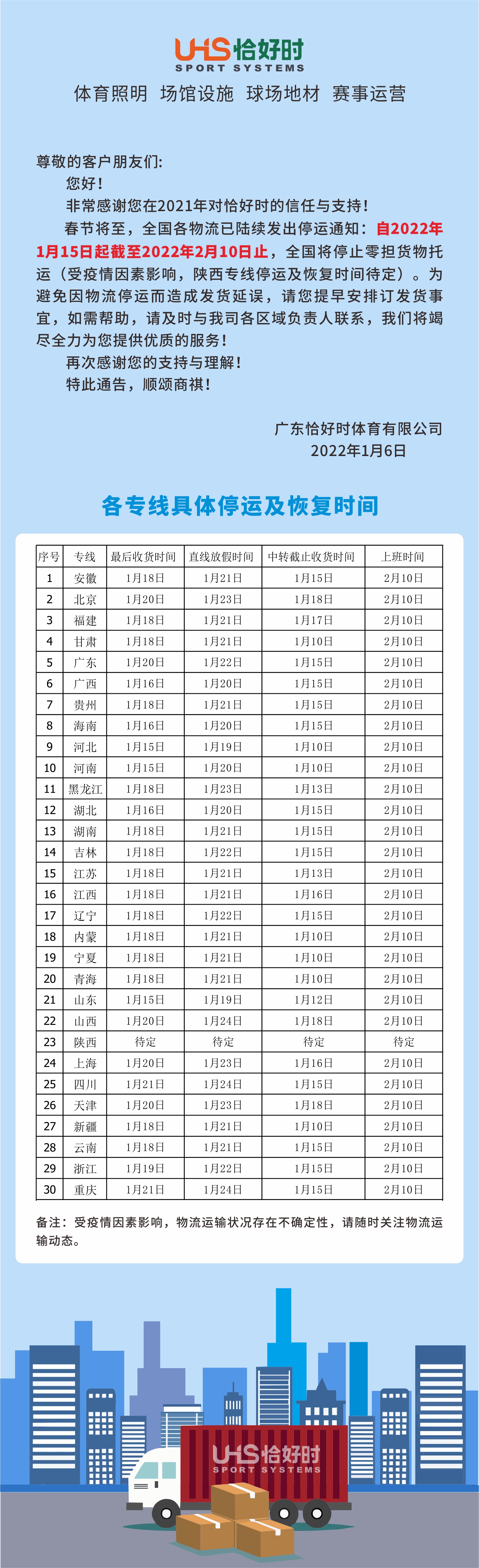 关于广东快乐飞艇有限公司2022年春节物流停运告知函